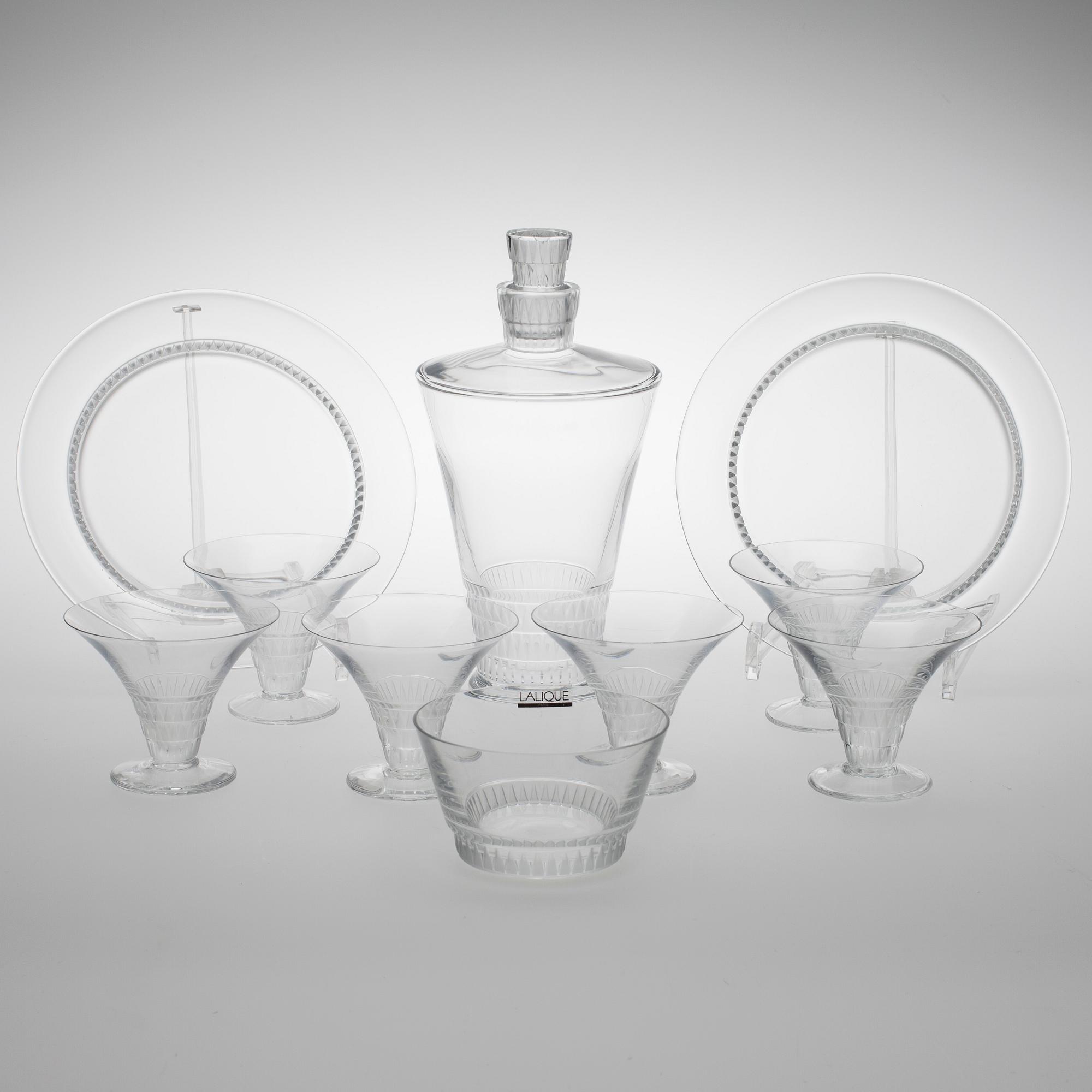 SERVISDELAR, 10 st, "Bourgueil" kristall, etikettmärkta Lalique, Paris, 1900-talets slut.