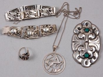PARTI SMYCKEN, 5 delar, silver, 1900-talets första hälft.