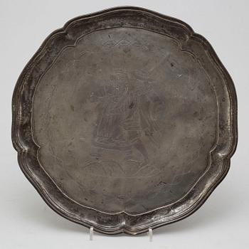 A GERMAN PEWTER PLATE, marked 1710.
