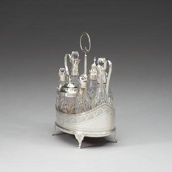 An English 18th century silver and glass cruet-set, unidentified makers mark, London 1797.