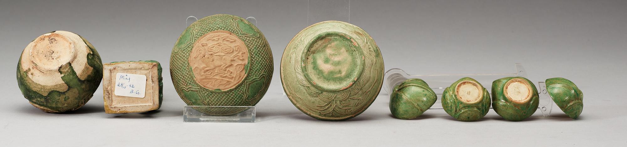 A group of five green glazed vessels, Ming dynasty, 17th Century.