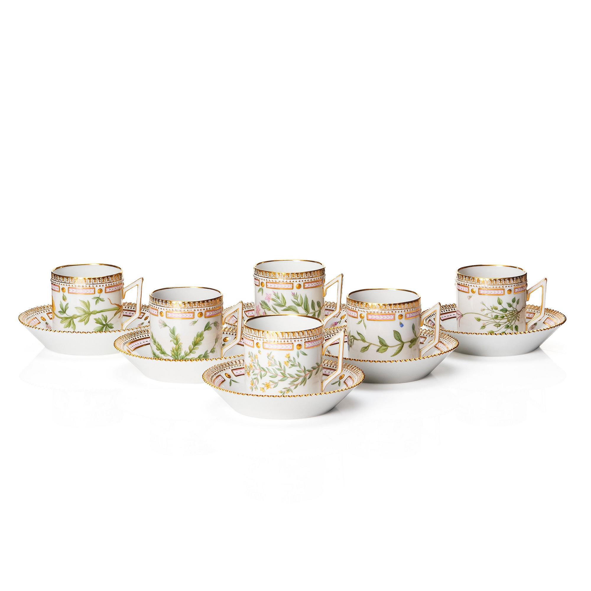 A set of six Royal Copenhagen 'Flora Danica' cups with saucers, Denmark, 20th Century.