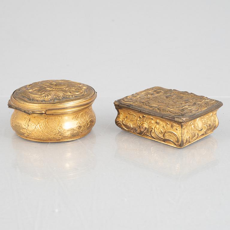 Two Louis XV gilt copper snuff boxes, later part 18th century.