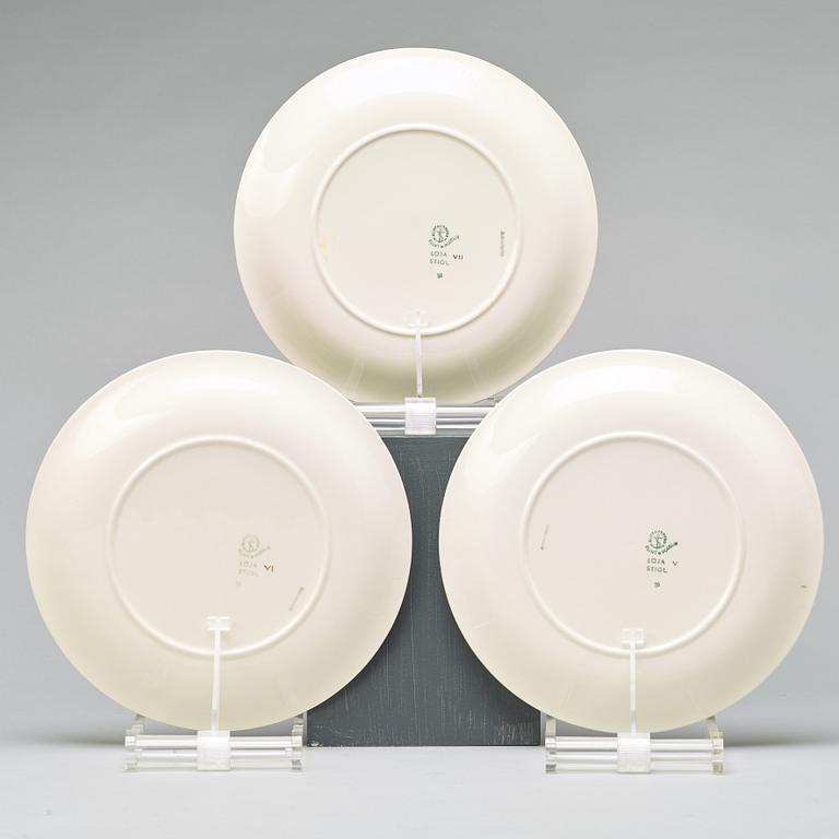 STIG LINDBERG, tallrikar, 12 stycken, flintgods, "Löja", Gustavsberg, 1948-1962.