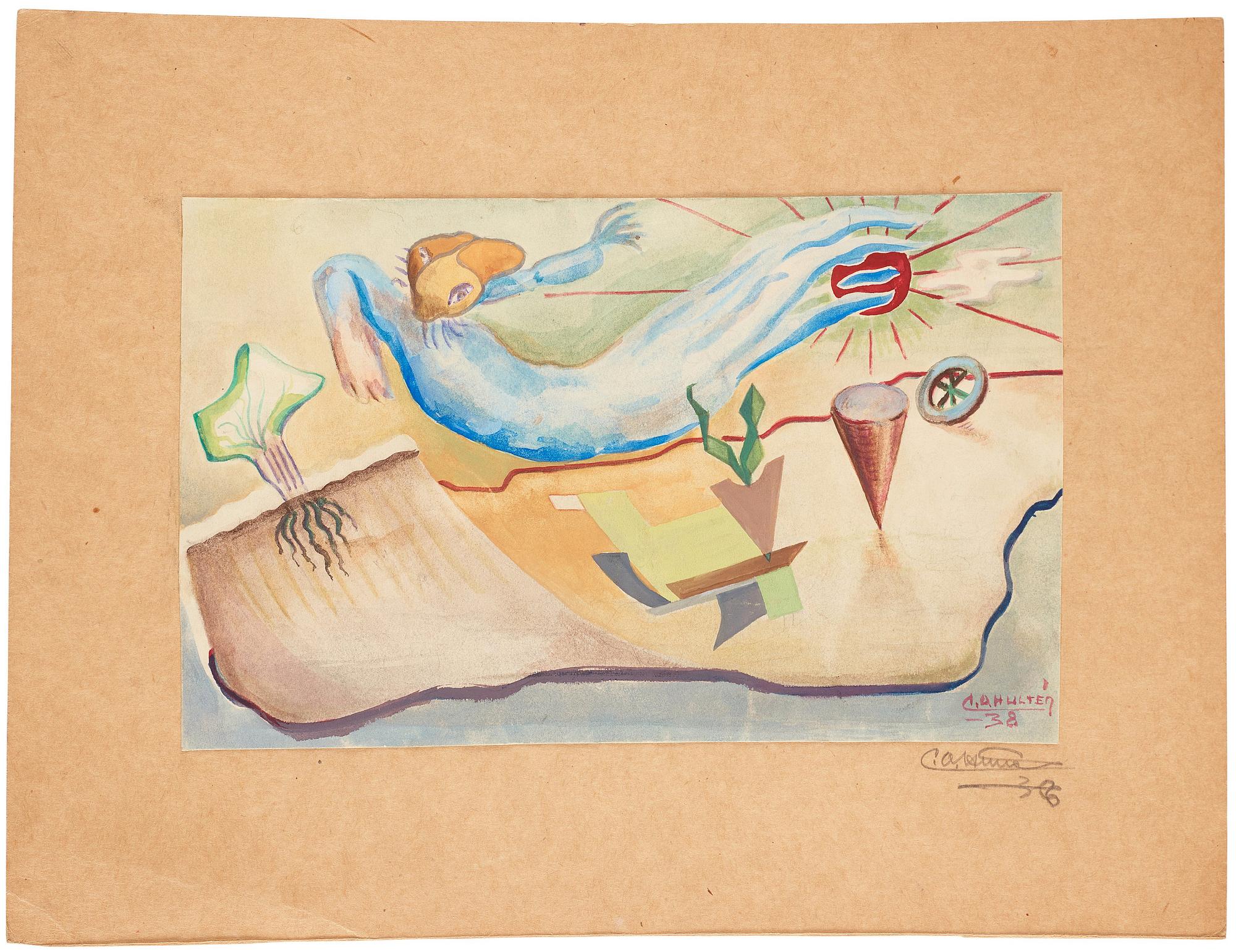 CO Hultén, gouache på kartong, signerad och daterad -38.