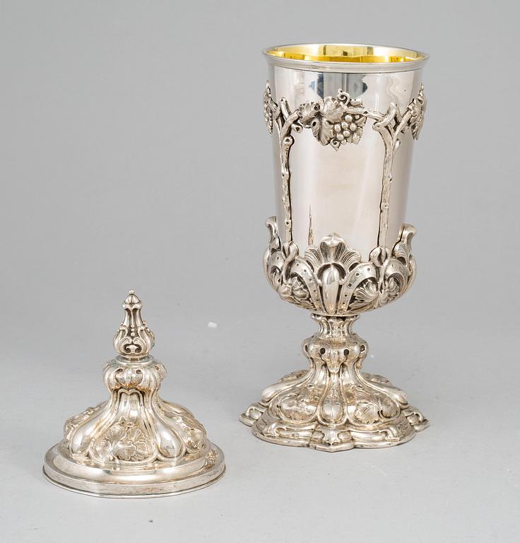 A German mid 19th century parcel-gilt silver cup and cover, marked Fürth.