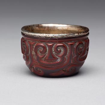 A 'Guri' lacquer silver mounted cup, Qing dynasty, 18th Century or older.