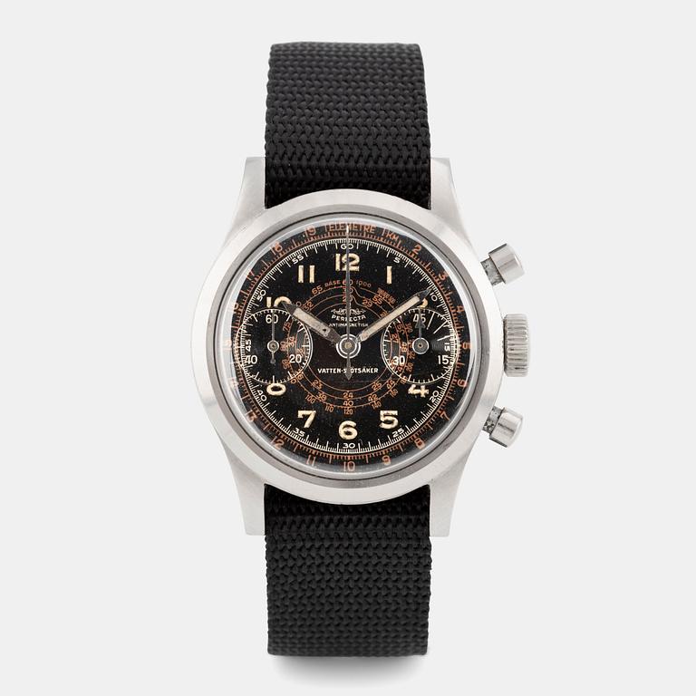 Perfecta, "Vatten-stötsäker", "Clamshell", chronograph, ca 1945.