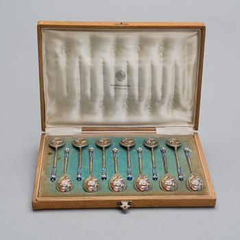 TWELVE SPOONS, silver and enamel, Moscow 1914-17, Nikolai Zverev for Morosov.