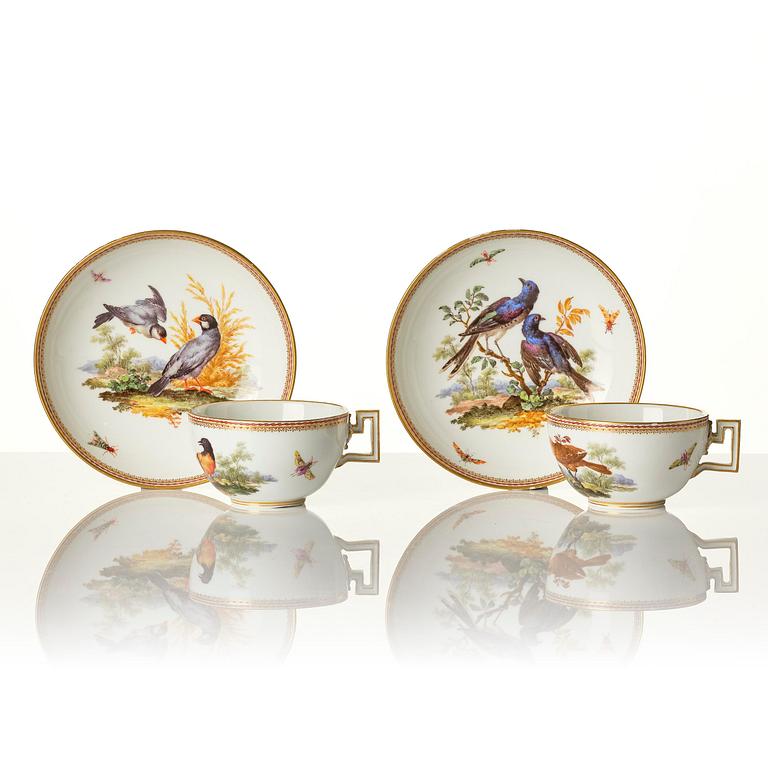 A pair of ornitological Meissen cups with saucers, period of Marcolini (1774-1814).