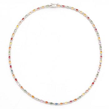An 18K white gold necklace with multi-coloured sapphires and diamonds.