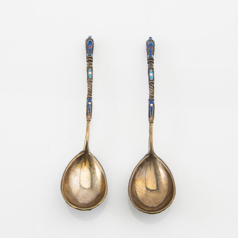 Spoons 6 pcs partially gilded silver and enamel Russia 1882-1890.