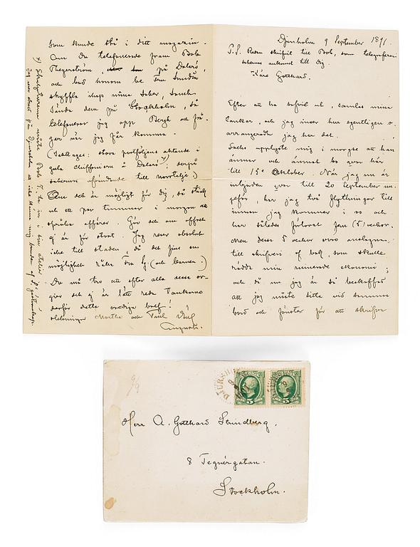August Strindberg, handskrivet och undertecknat brev. Daterat Djursholm 9 september 1891.