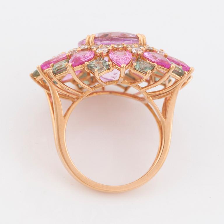 Kunzite, pink and green sapphire and brilliant  cut diamond cocktail ring.