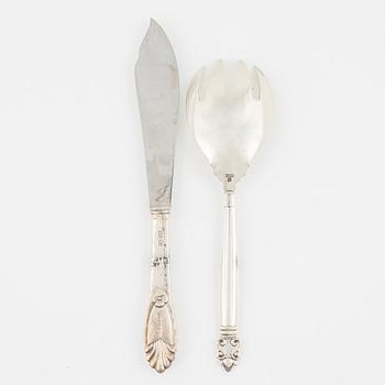 A Georg Jensen serving fork, "Acorn",  and a cake knife, sterling silver, Denmark.