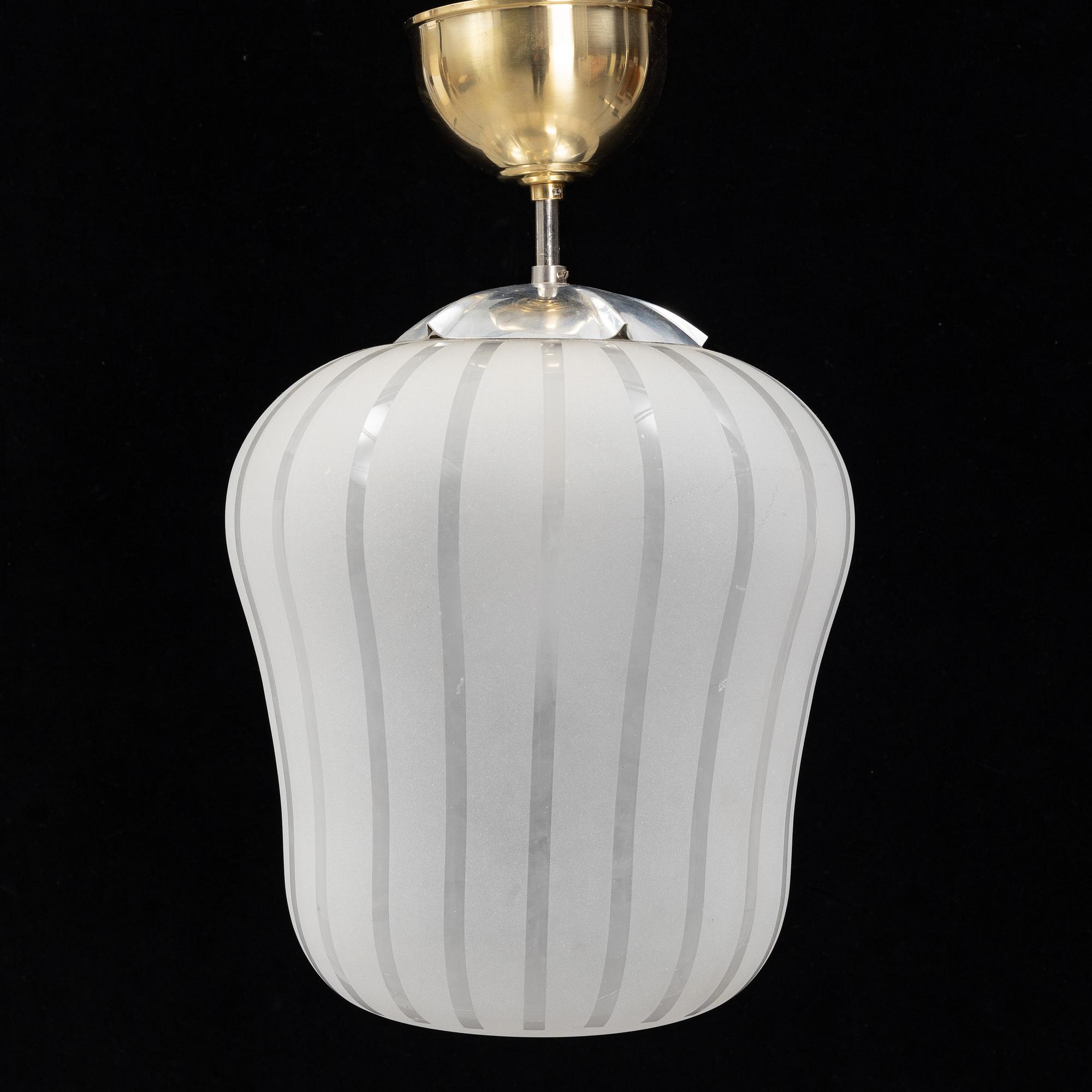 A Swedish Modern glass and brass ceiling light, Orrefors, 1940's.