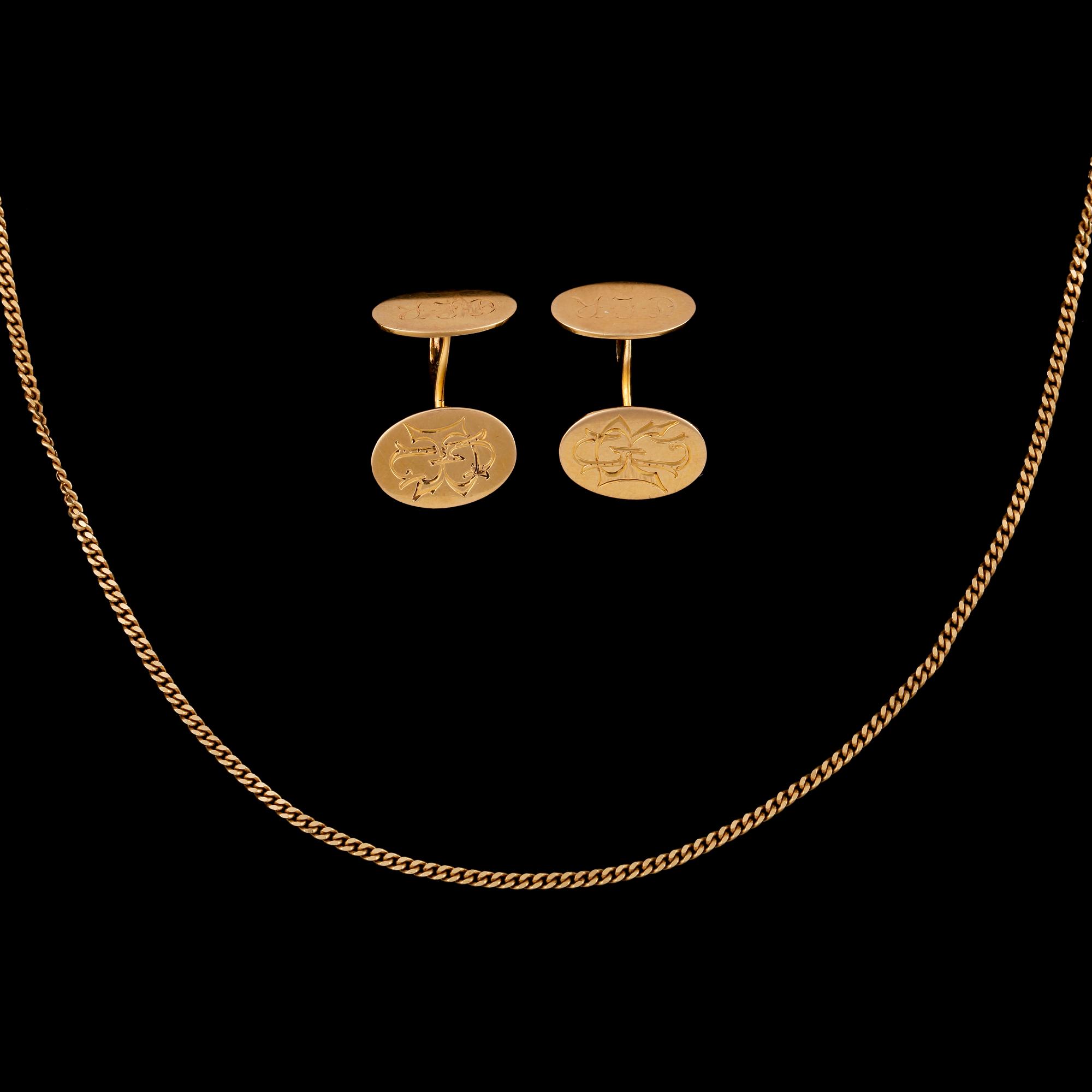 MANSCHETTKNAPPAR samt KEDJA, 18k guld, bla. Gustav Dahlgren, Malmö, 1914. Total vikt ca 13 gram.