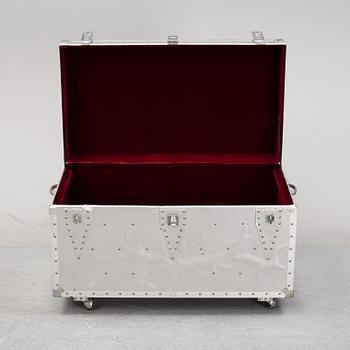 A large metal storage box on wheels, 20th Century.