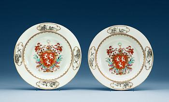 1628. A pair of famille rose armorial soup dishes, Qing dynasty, Qianlong (1736-95) ca 1750.