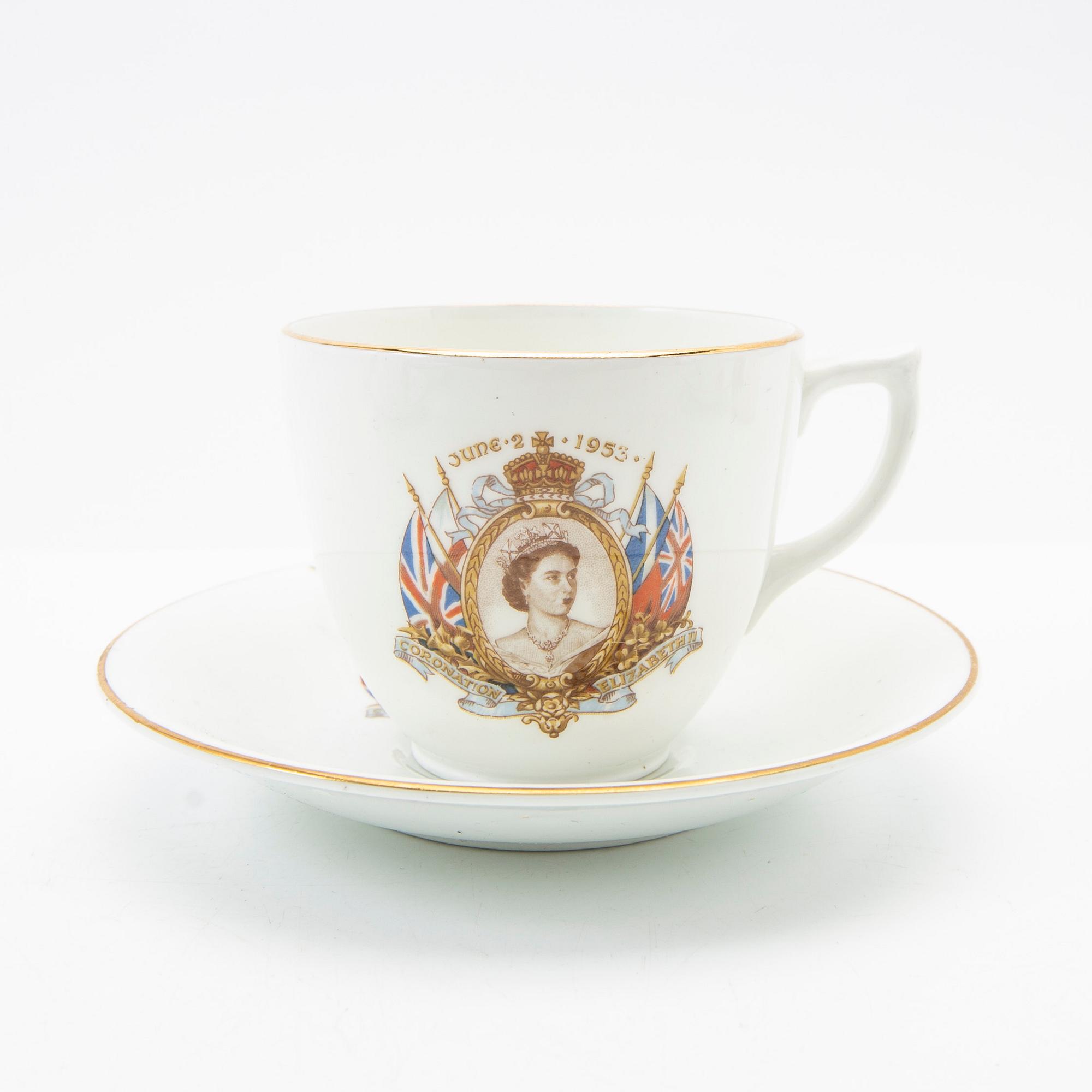 English Queen Elizabeth II Coronation Souvenir Cup and saucer 1953, seven pieces.