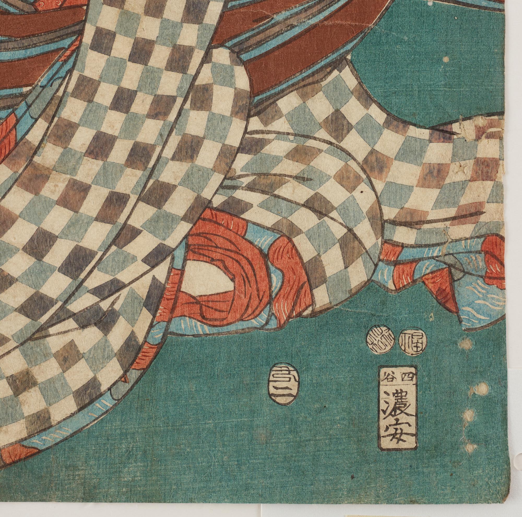 UTAGAWA KUNISADA (1786–1864), färgträsnitt, två stycken. Japan, 1800-tal, "Tale of Shiranui".
