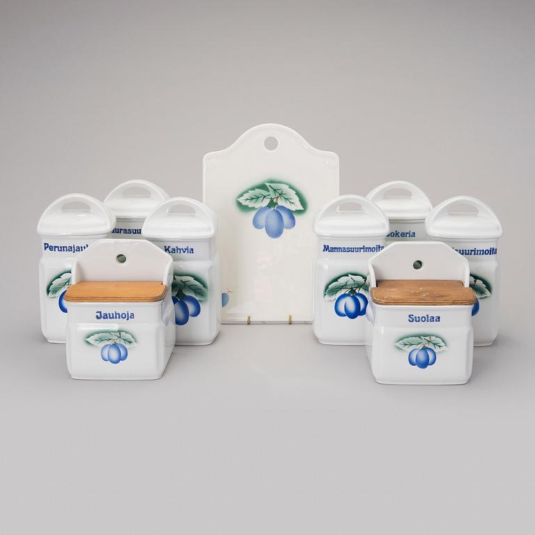 KRYDDBURKAR, 8 st, 1930-1940-tal och SKÄRBRÄDE, jubileumsår 1998, flintgods, Arabia Finland.