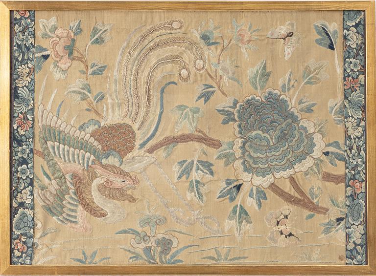 A pair of silk embroideries, China, Qing dynasty, 19th century.