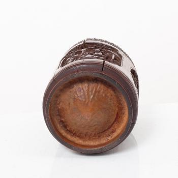 A Chinese bronze vase, joss stick holder and a bamboo brush pot, Qing dynasty.