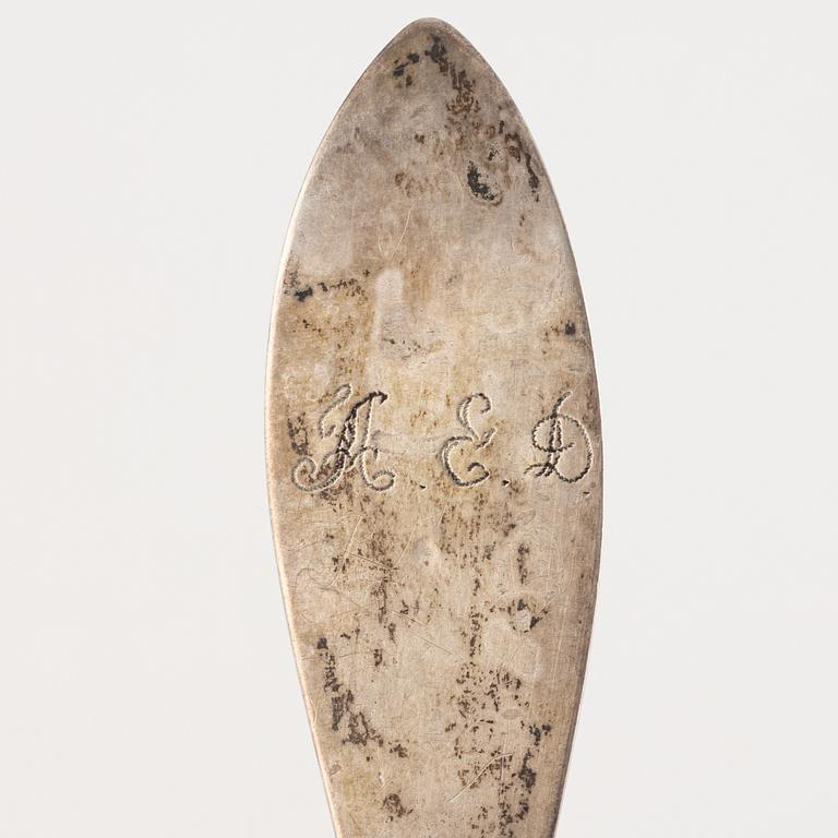 A silver funerary spoon, mark of N. Warneck, Karlstad 1740.