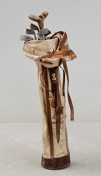 GOLFBAG med KLUBBOR, 14 st, 1900-talets början.