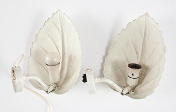 An white laqured brass ceiling lamp and a pair of wall lamps, by ateljé Lyktan, 1940's.