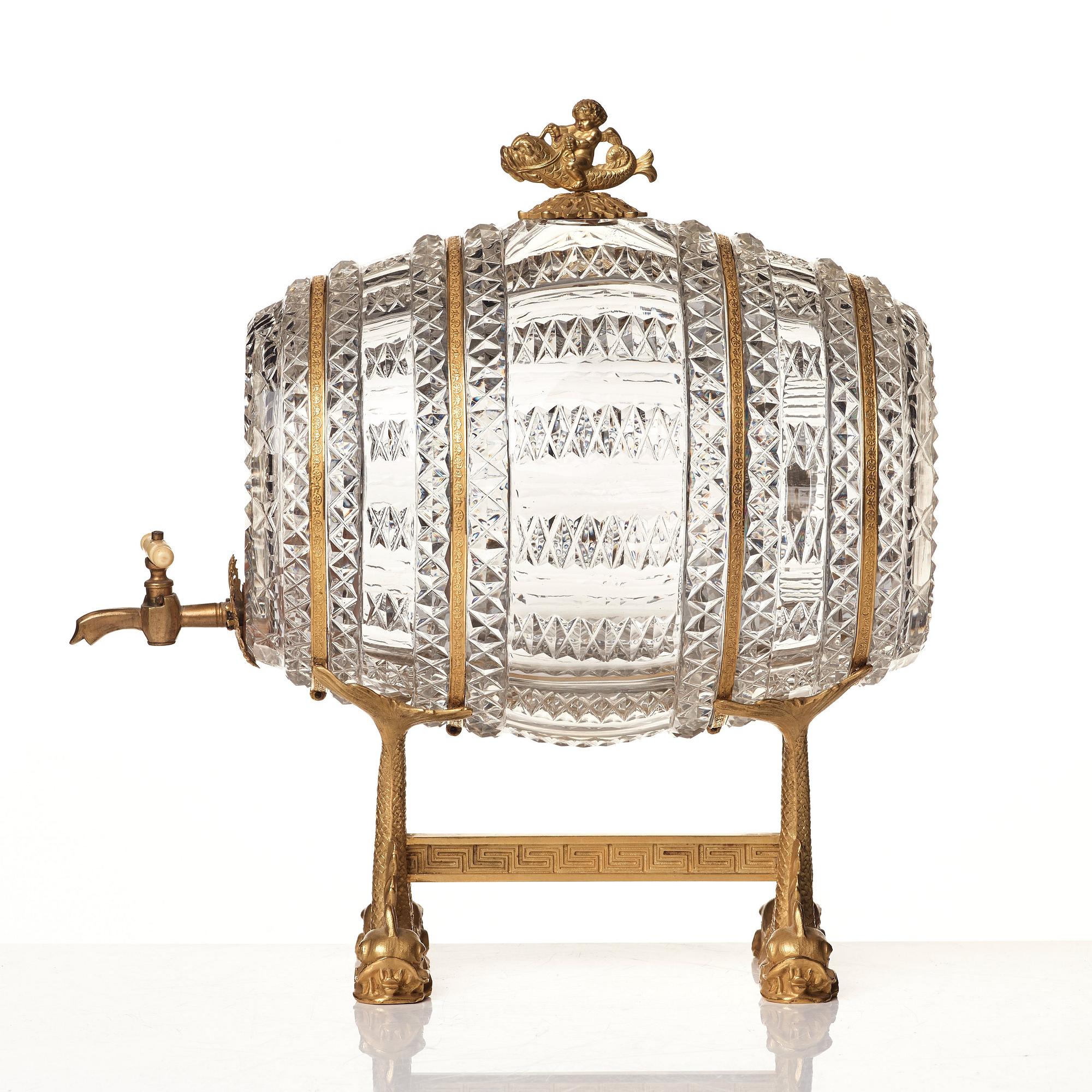 A Empire ormolu-mounted cut glass wine barrel.