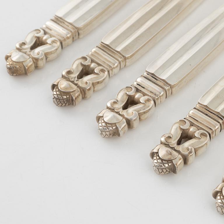 Johan Rodhe, knivar, 6 st, sterlingsilver, "Konge/Acorn", Georg Jensen, Danmark, efter 1945.