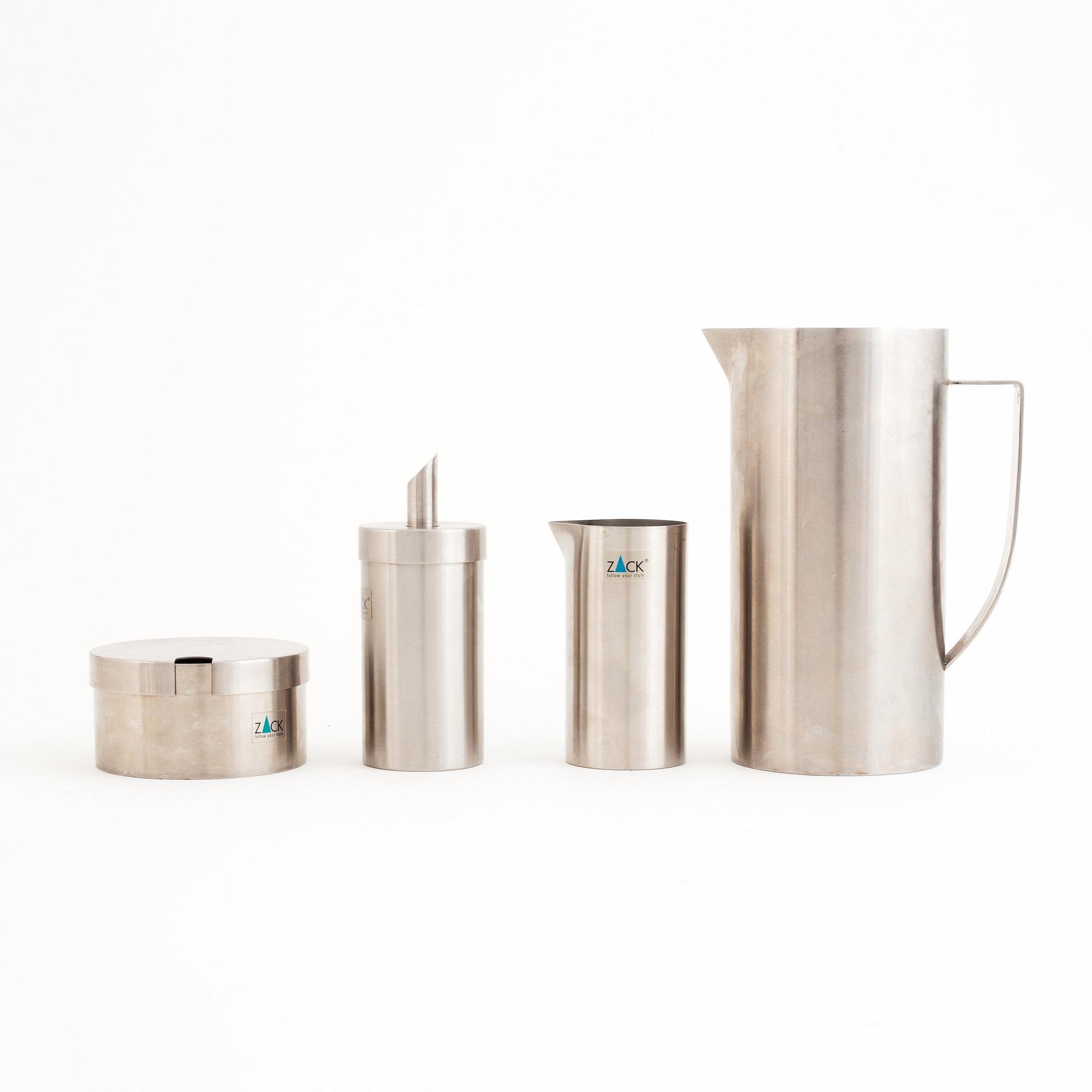 A set of eight stainless steel kitchen objects, 6 marked ZACK.