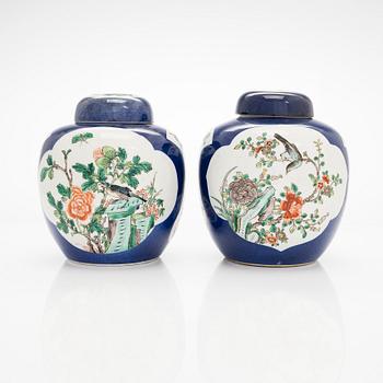 A pair of famille verte jars with covers, China mid 20th century.