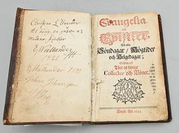 PSALMBOK SAMT EVANGELIE OCH EPISTELBOK, 2 vol, Georg Gottlieb Burchardi, Stockholm 1698.