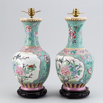 A pair of Chinese porcelain table lamps, second half of the 20th-century.