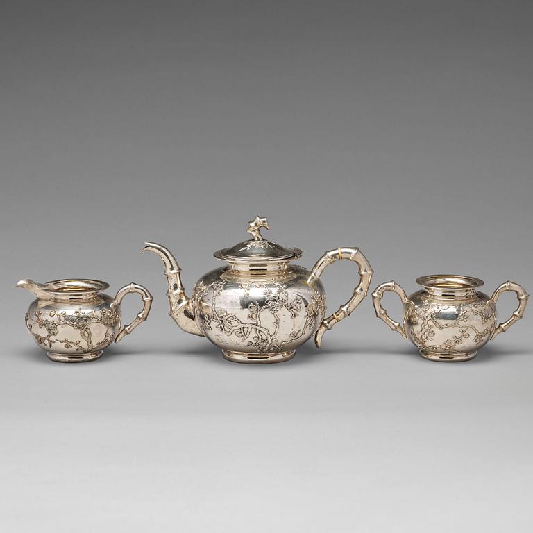 A Chinese export silver three-piece tea service, mark of Luen Wo, Shanghai, circa 1880-1925.