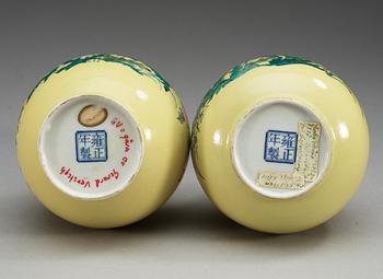 Two yellow ground vases, and with a romantic poem, Qing dynasty with Yongzheng seal mark.