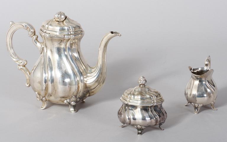 KAFFESERVIS, 3 delar, silver, rokokostil.