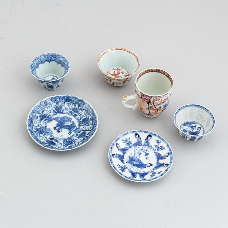 A group of four different cups with 2 odd dishes, Qing dynasty, Kangxi and Qianlong (1736-95).