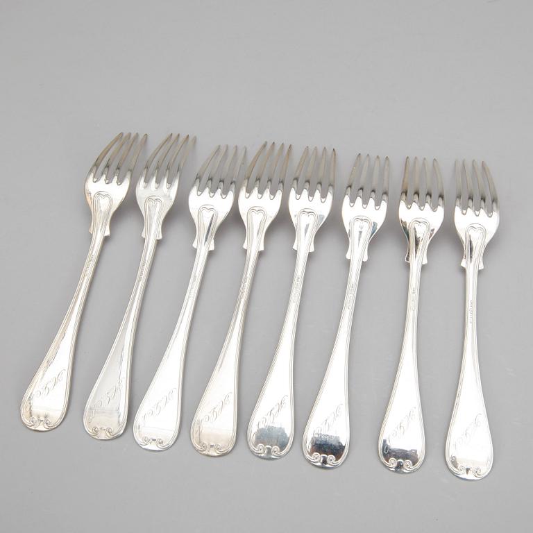BORDSGAFFLAR,  8 st, silver, GAB, Stockholm, 1938. Totalvikt 477 gram.