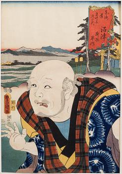 UTAGAWA KUNISADA, även kallad Toyokuni III (1786-1864), samt TOYOKUNI I,färgträsnitt, två st. Japan. "Skåderspelerskor".