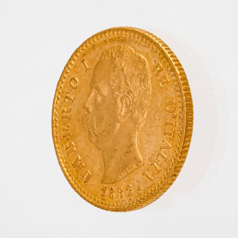Coin, guld 21,6K (900), L 20 Italien 1882, vikt c 6,4 g.