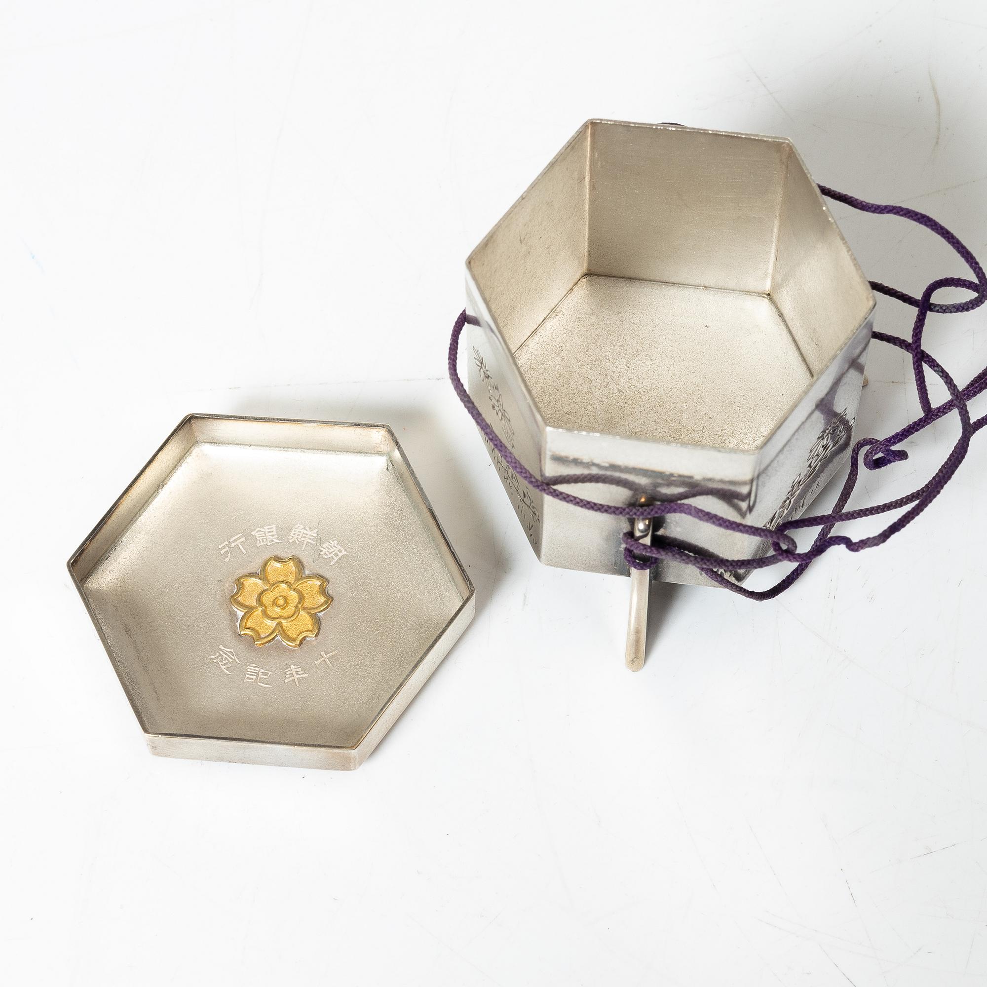 A group of six Japanese salts / boxes, some marked sterling silver, around 1900.