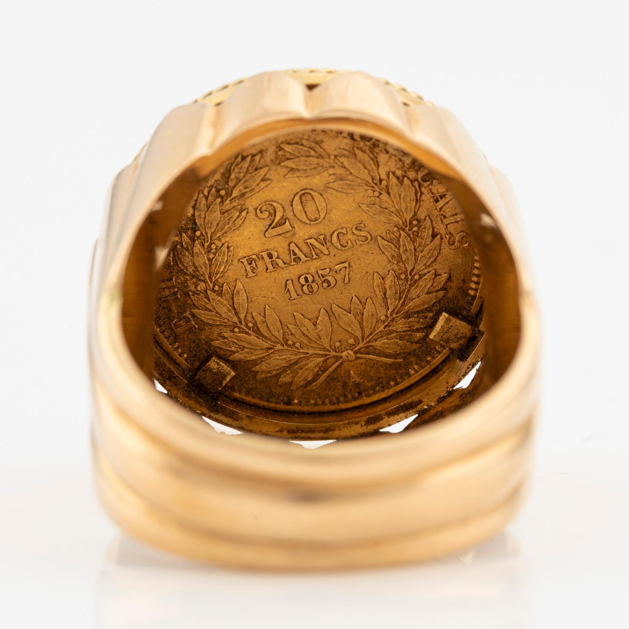 Ring in 18K gold with Napoleon III 20 francs coin, 1857.
