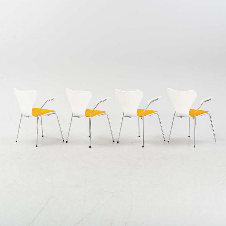 Arne Jacobsen,  a group of four model 'Seven' chairs, Fritz Hansen, Denmark, dated 2001.