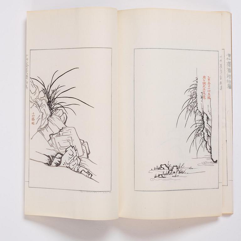 Bok med träsnitt, fyra volymer. "Shi zhu zhai jian pu" av Hu Zhengyan.