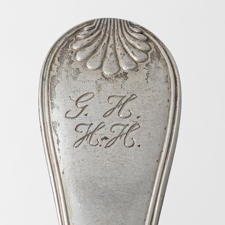Adolf Zethelius, Six Swedish silver dinner spoons, mark of Adolf Zethelius, Stockholm 1831-1839.