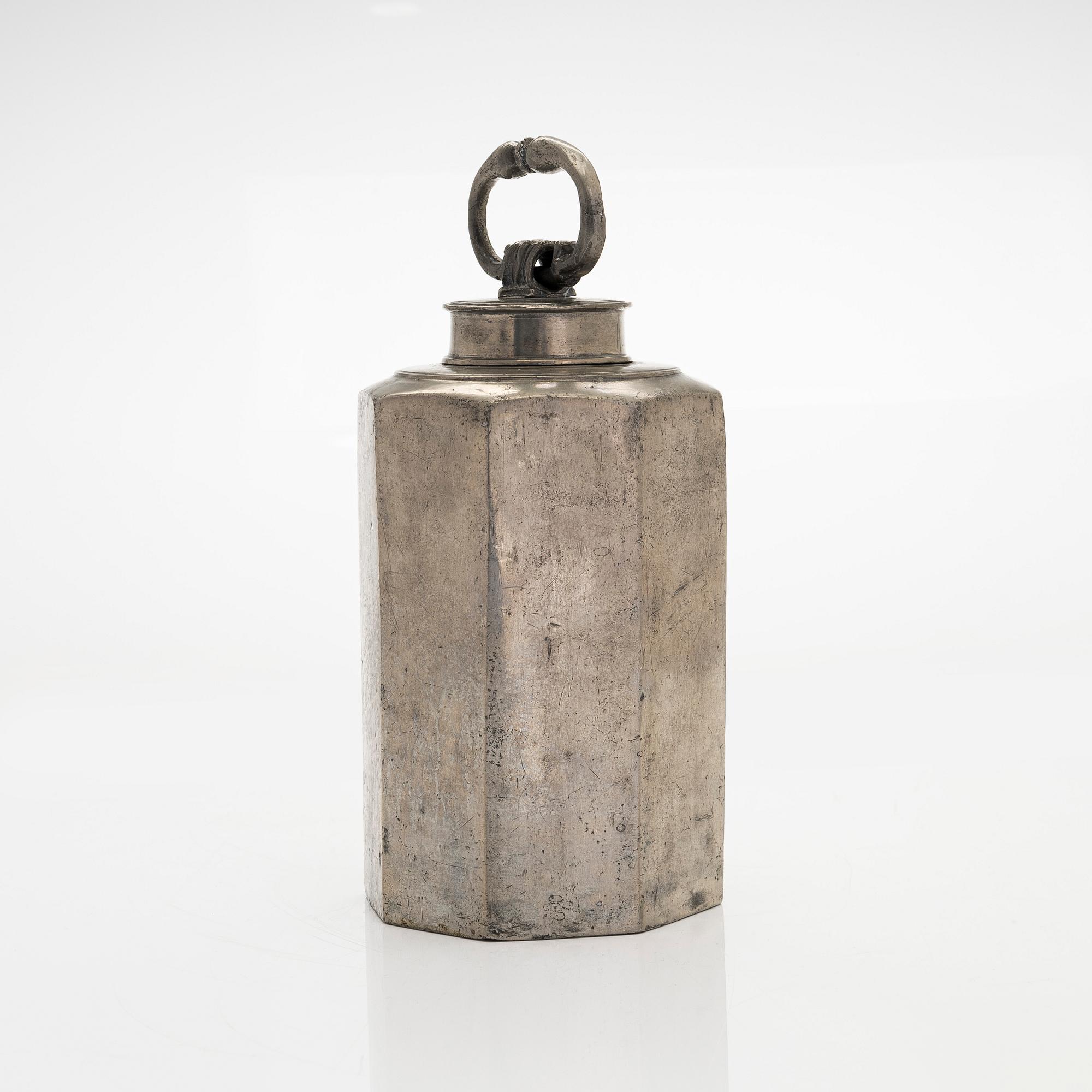 A pewter bottle, maker's mark of Daniel Rising, Turku, Finland, late 18th Century.